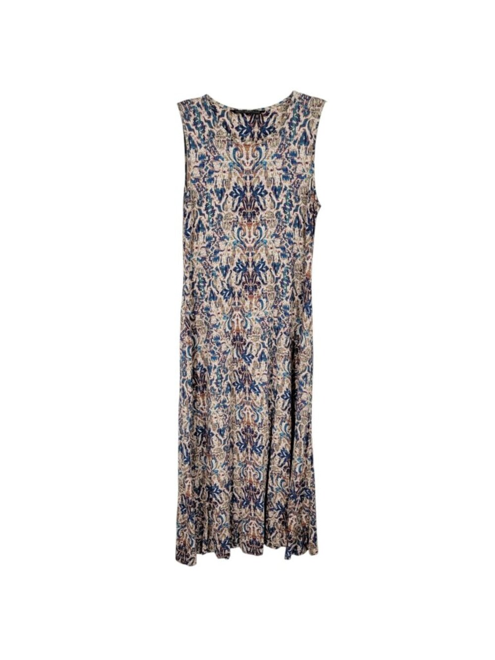 Peruvian Connection L Jersey Maxi Dress Damask Print Sleeveless Boho Art to Wear